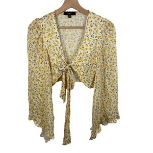 Lulu's Women's Printed Floral Cropped Shirt Bell Sleeve Tie Waist Casual Sz XS‎